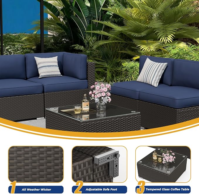 8 Pieces Outdoor Patio Furniture Set with Waterproof Cover, Black Brown Wicker Patio Sectional Sofa Set, Outdoor Couch with Cushion and Tempered Glass Table, Dark Blue