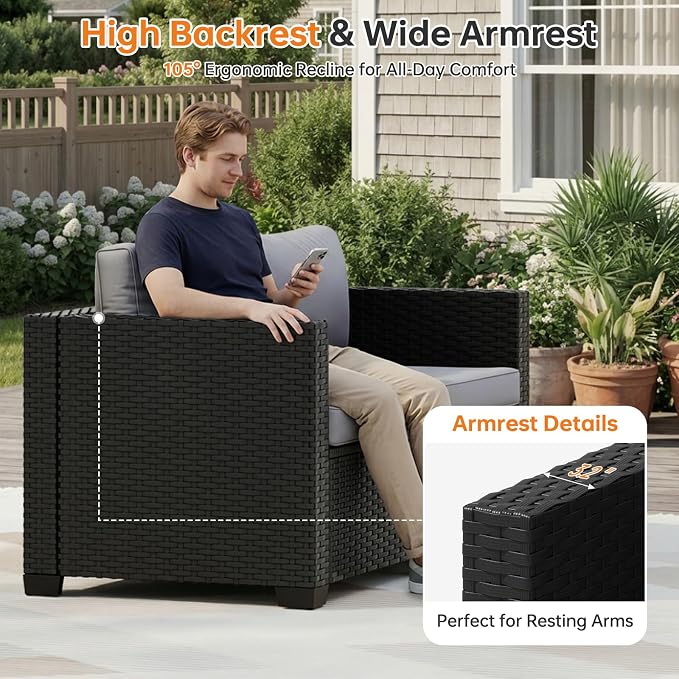 LazySunsets 1-Piece Outdoor Patio Furniture Set, Rattan Outdoor Sectional with Thick Waterproof Cushions, Waterproof Cover, Patio Conversation Set for Garden, Backyard, Porch, Grey