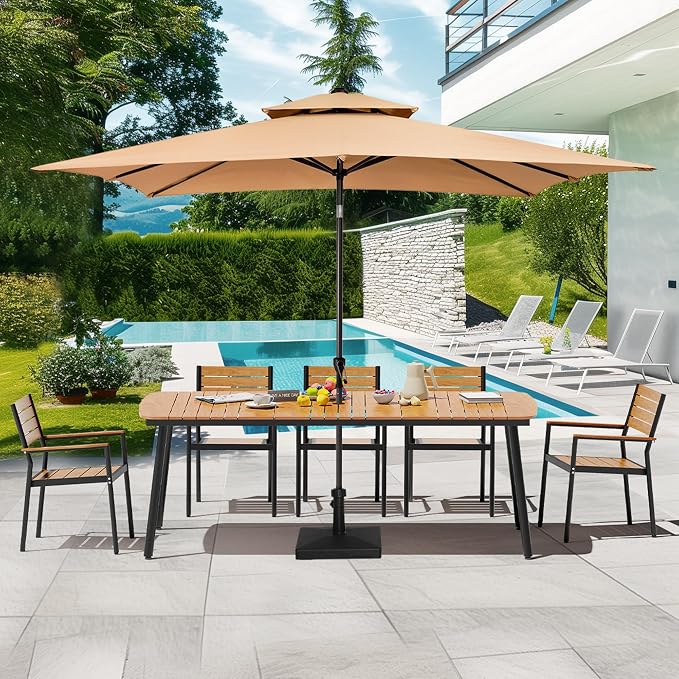 93" Outdoor Dining Table for 10 Brown Patio Dining Table with Umbrella Hole Rectangle Dining Table with Aluminum Frame and Waterproof Wood Grain Tabletop for Lawn Backyard Garden Poolside