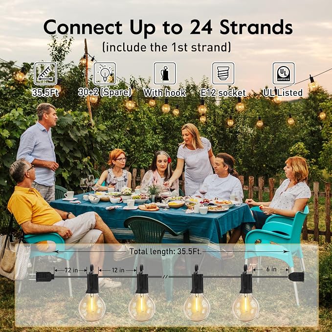 Brightown Outdoor String Lights, 35FT with 30 Bulbs, Waterproof Connectable | Patio Lights with Shatterproof G40 Replaceable Bulbs, Plug-In Outside Hanging Light for Backyard Bistro Porch Party Decor