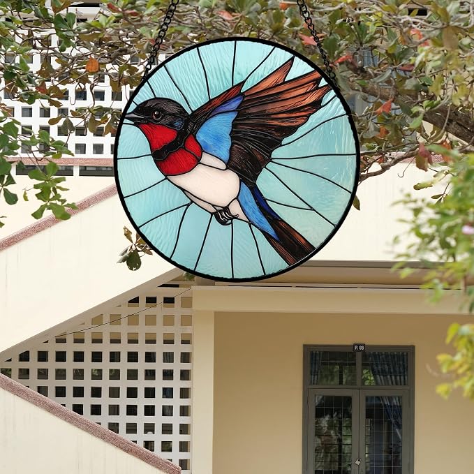 Stained Glass Window Hanging 4 Pcs Set Cardinal Blue Birds 9.8" - Suncatcher Door Garden Sun Catcher Decor Birthday Mother's Day for Bird Lovers Men Woman Nana Friend