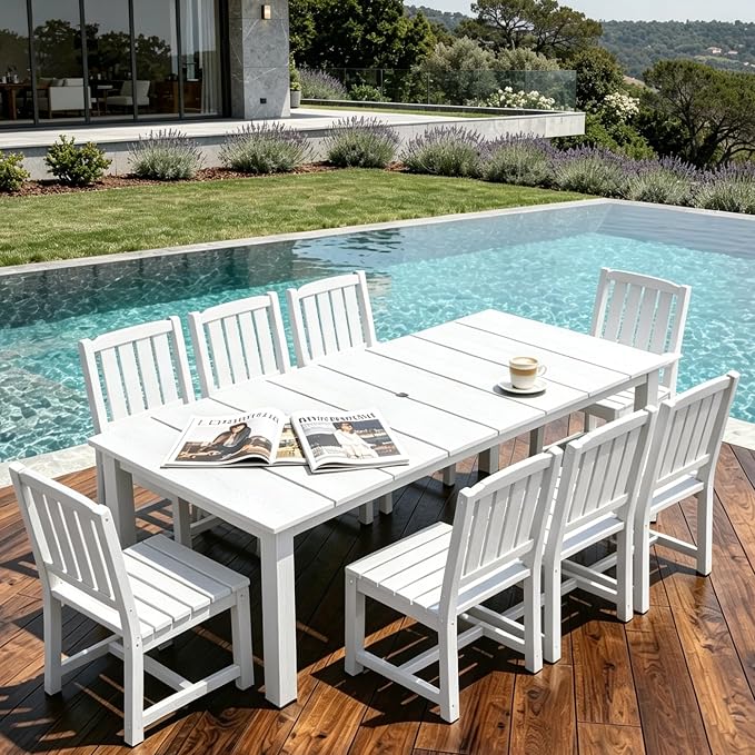 AreShark 9-Piece Outdoor Dining Set,HDPE Patio Table with 8 Chairs,All-Weather Patio Furniture Set with Umbrella Hole,Low Maintenance Wood Grain Dining Set for Backyard,Garden,Poolside,White