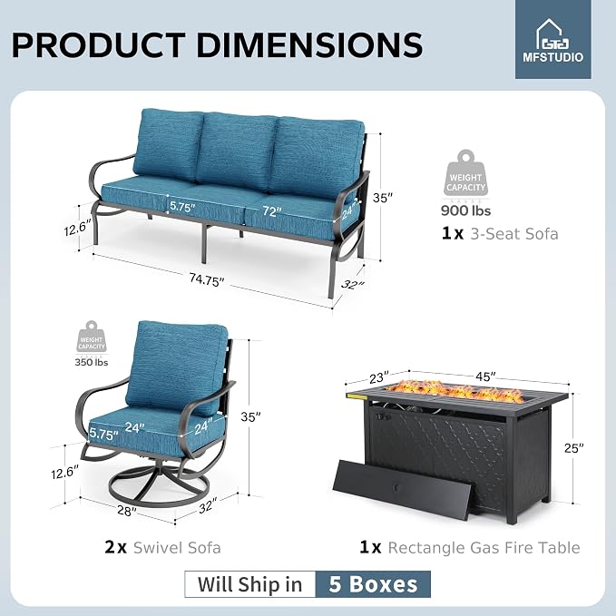 MFSTUDIO 4 Piece Patio Conversation Sets, All Weather Metal Frame Outdoor Furniture Set Patio Sofas with 1 x 45 Rectangular Fire Pit Table,1 x 3-Seat Sofa, 2 x Swivel Chairs, Peacock Blue Cushion