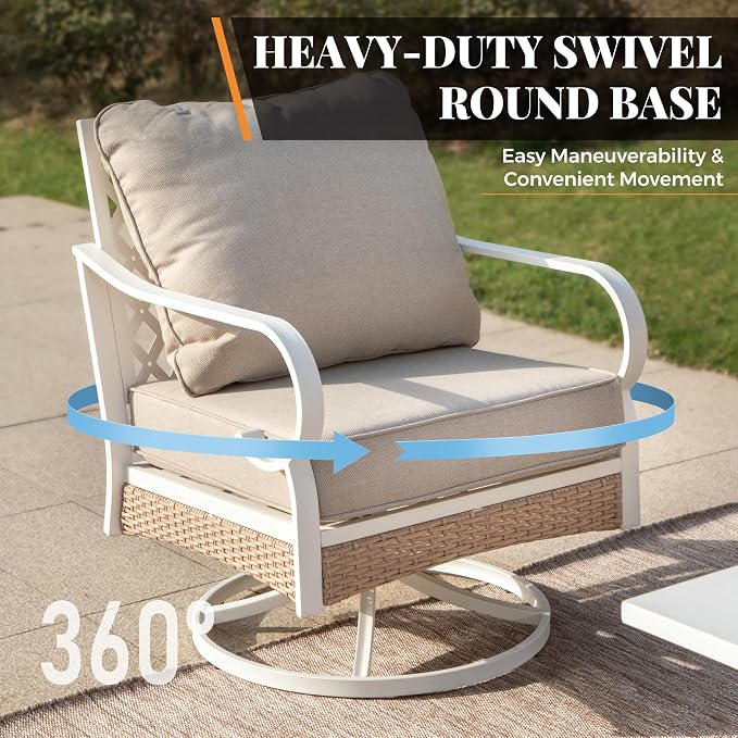 MIXPATIO 5 Piece Patio Furniture Set, 2 x Swivel Chair, 1 x 2-Seat Sofa, 1 x 3-Seat Sofa with Marbling Coffee Table, All Cushioned 7 Seats Outdoor Conversation Set for Lawn Garden Backyard, Beige