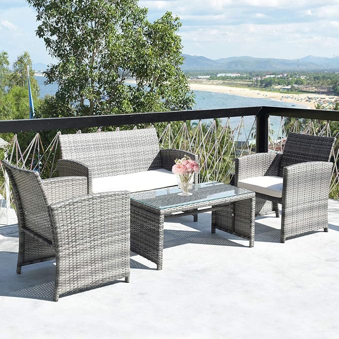 Outdoor Conversation Set, 4 Pieces Wicker Patio Furniture Set with Ergonomic Curved Design, Patio Chair Set with Water-Resistant Cushion & Tempered Glass Table for Backyard, Porch(Beige)