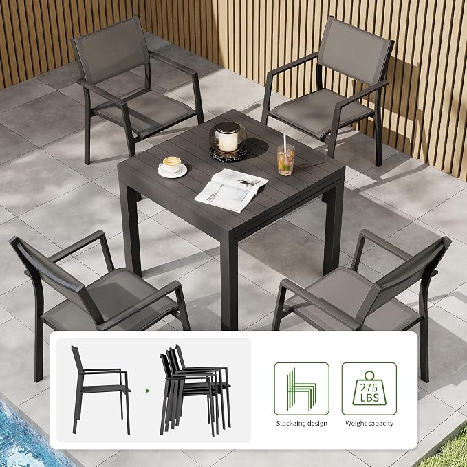 5 Piece Outdoor Dining Set, Expandable Outdoor Patio Dining Table Set for 4-6 Person, Aluminum Outdoor Table and 4 Chairs with Textilene Fabric & Armrest for Patio, Garden, Lawn, Deck(Black)