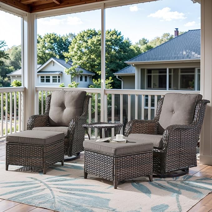 Belord 5 Piece Wicker Patio Furniture Set, Outdoor Swivel Rocker Chairs Set of 2 with Ottomans and Side Table, All Weather Patio Conversation Furniture Set, for Porch Pool, Brown Wicker/Gray