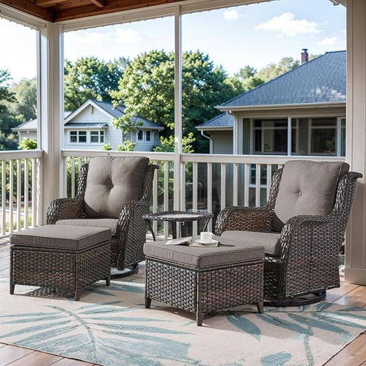 Belord 5 Piece Wicker Patio Furniture Set, Outdoor Swivel Rocker Chairs Set of 2 with Ottomans and Side Table, All Weather Patio Conversation Furniture Set, for Porch Pool, Brown Wicker/Gray