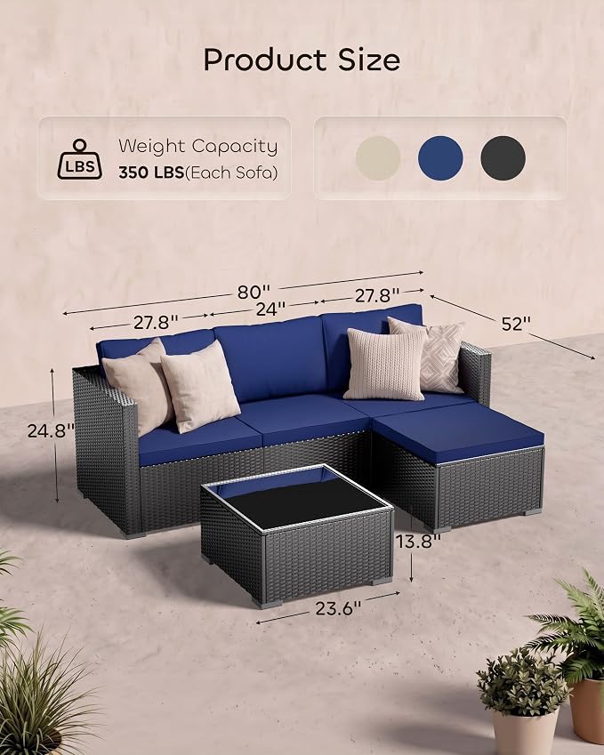 Skyfish Patio Furniture Set - Wide Armrests - All-Weather 5 Piece Outdoor Wicker Sectional Couch with Chaise Lounge,Couch Conversation Set, PE Rattan Sofa for Backyard Porch Poolside Black/Navy Blue