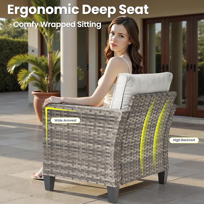 ovios 5 Pieces Patio Furniture Set, Outdoor Wicker Rattan Chairs of 4 with 30" Fire Pit Table, High Back Chair Conversation Sets for Porch Deck Garden, Grey