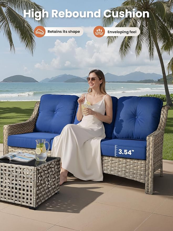 ovios 5 Piece Outdoor Patio Furniture with 3 Seat Sofa,Rattan Wicker Coversation Set with Swivel Rocking Chair,Balcony Sofa Set with Shiny Table for Outside Porch Backyard Pool, Navy Blue