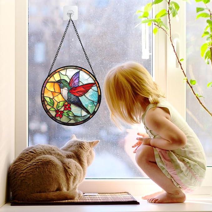 DASTOLL Stained Glass Window Hanging, Hummingbird Gifts Sun Catchers Diamond Glass Panel Hangings Birds Suncatcher Decor for Birthday for Women, Men, Wife, Aunt, and Mom 6.3 in