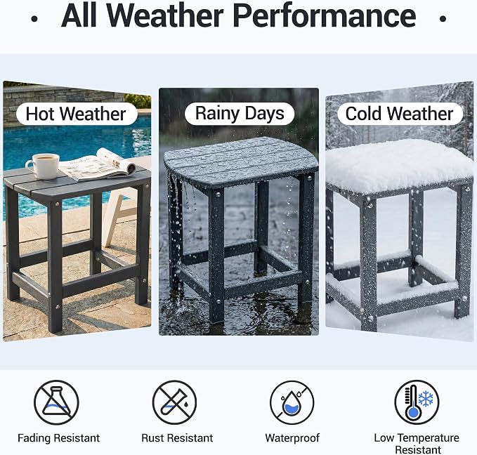HDPE Patio Side End Table, Waterproof Outdoor Small Table for Patio, Garden, Poolside, Balcony, Deck, Porch, Backyard, Outdoor or Indoor Use, Grey