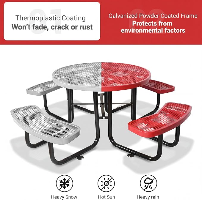 46" Round Metal Picnic Table for 4-8 Person, Durable Heavy Duty Commercial Picnic Table with Umbrella Hole for Outdoor Coffee Shop, School, Hospital, Easy to Install, Red