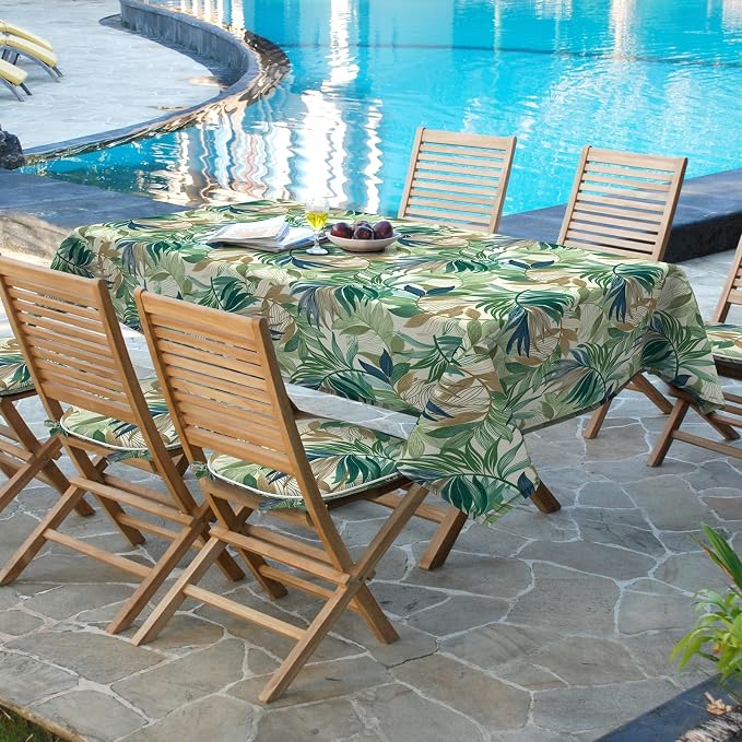 DYTXIII Outdoor Rectangle Tablecloth with Umbrella Hole and Zipper 84" x 60", Water Repellent Floral Picnic Cover, Fade & Wrinkle Resistant Tablecloth for Patio/Garden/Party Table, Lush Leaf Green