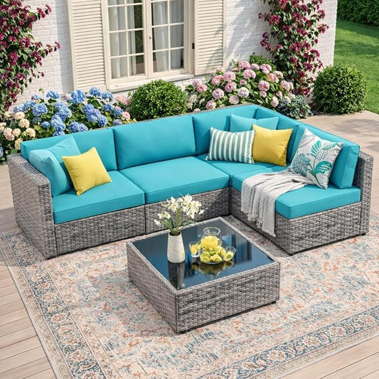 JAMFLY 5-Piece Patio Furniture Set, All-Weather Wicker Outdoor Sectional Sofa with Soft Cushions, Modular Conversation Set for Backyard, Deck, Garden & Poolside(Blue Cushion)
