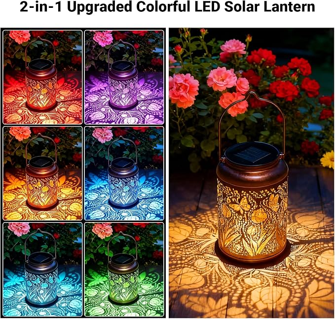 2 Pack Waterproof Butterfly Solar Lantern Outdoor Hanging Garden Light | Colorful LED metal Butterfly lantern; durable, waterproof outdoor decor perfect for patio, yard, or as a gift for women