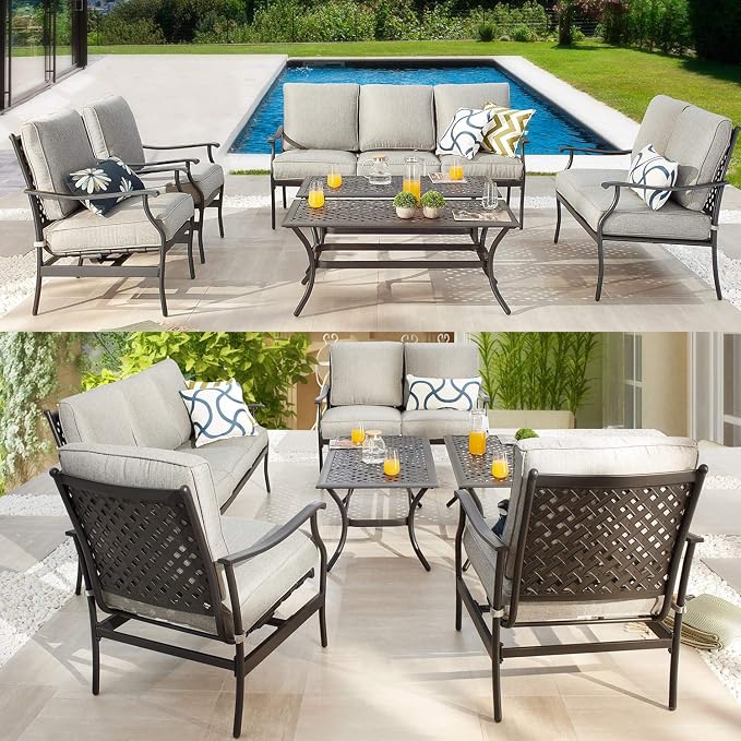 Patio Conversation Set 6 Pieces Metal Outdoor Furniture Seating Sets with Grey Thick Cushions