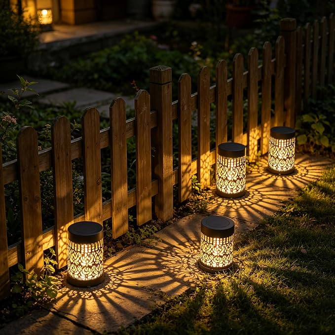 4 Pack Solar Fence Lights Outdoor, Decorative Solar Wall Lights with Peony Pattern, IP65 Waterproof LED Wall Sconce Lantern for Garden Yard Fence Decor, Patio Pathway, Gift for Women Mom