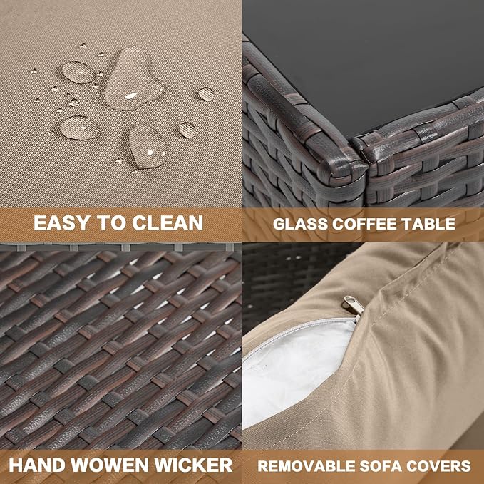 MOCHITO 7 Pcs Outdoor Patio Furniture Sets Brown Rattan Khaki Cushions | All-Weather Sectional Sofa, with Glass Table, PE Rattan Wicker Patio Furniture , Washable Cushions, for Balcony Porch Garden