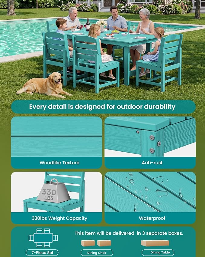 SERWALL 7-Pc HDPE Patio Dining Set, 1 Table & 6 Armless Chairs, Aruba | HDPE Outdoor Dining Set with Rectangular Table & 6 Armless Chairs, All-Weather Resistant SERWALL Dining Set for 6