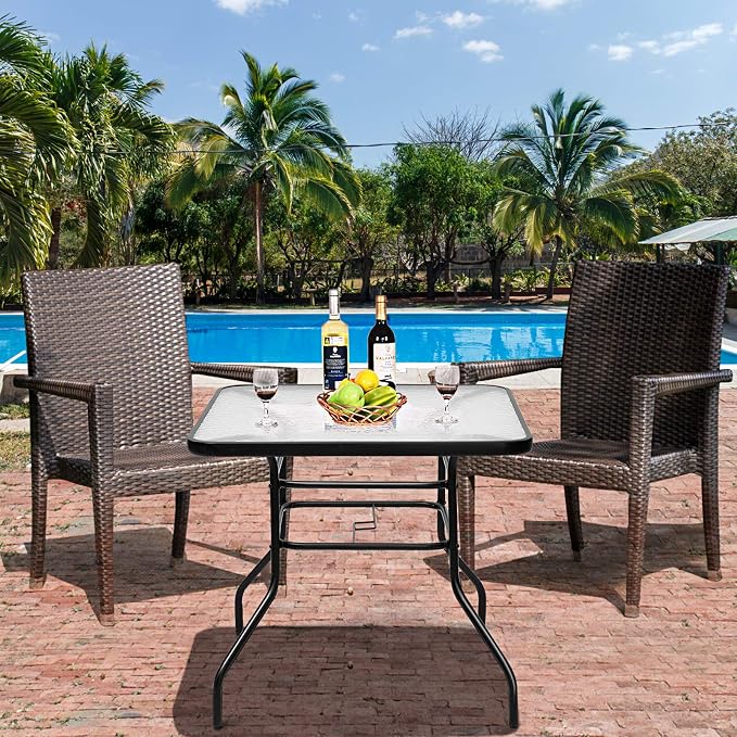 S AFSTAR Bistro Table Outdoor, Square Dining Coffee Table with Umbrella Hole & Tempered Glass Tabletop, Outdoor Patio Pub Table for Patio Garden Poolside Balcony Backyard, 32”L x 32”W x 28”H