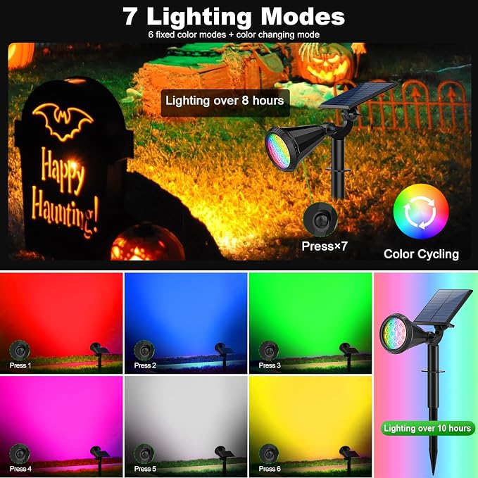 Tadyreal Color Changing Solar Spot Lights Outdoor Waterproof 180° Adjustable Colored RGB Solar Powered Landscape Lights for Yard 7 Lighting Modes Solar Spotlights for Pathway Garden Outside (2 Pack)