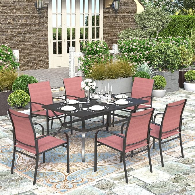 HERA'S HOUSE 7pc Patio Dining Set, 60" Metal Table, Textilene Chairs | Rectangular table with umbrella hole+ 6 red chairs. Waterproof, rust-resistant, all-weather for backyard, porch