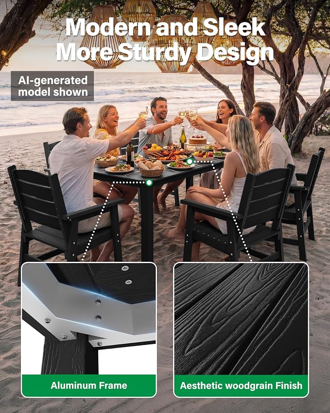 YEFU Outdoor Patio Table HIPS: 67" Rectangle Outdoor Dining Table with Umbrella Hole & Metal Aluminum Frame - All-Weather Patio Dining Table for 6 Modern Outside Furniture for Deck Garden Black