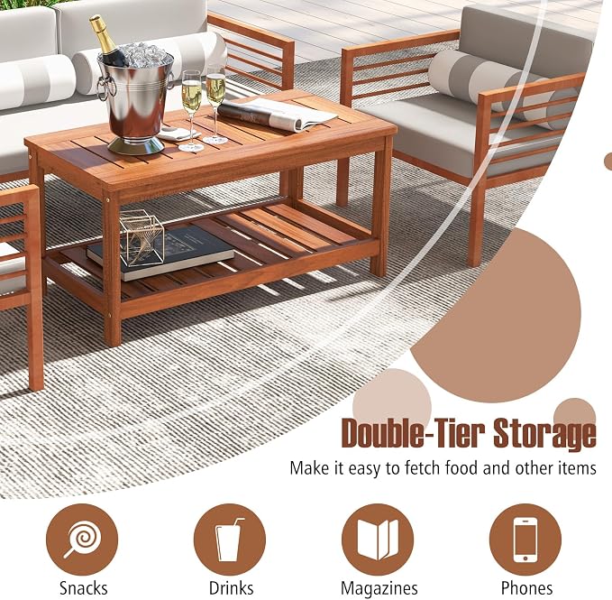 HAPPYGRILL Patio Coffee Table, Double-Tier Side Table with Solid Wood Structure, Slatted Tabletop & Shelf, Outdoor 2-Layer Rectangle Coffee Table for Backyard Porch Balcony
