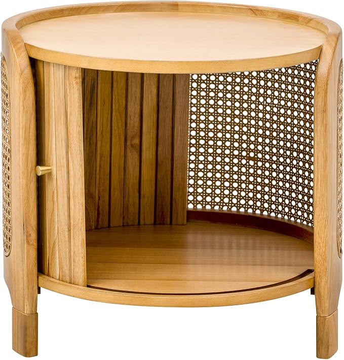Merax Small Round Rotating Coffee Table with Hidden Storage, 19.8 Inch Modern Indoor/Outdoor Natural Rattan Coffee Table with Wood Fluted Sliding Door, for Patio Garden Balcony or Living Room
