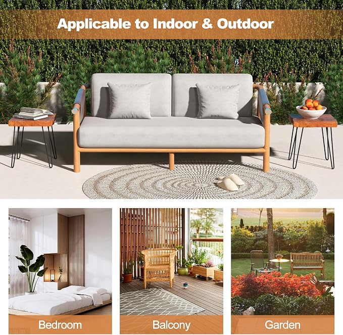 Giantex Teak Wood End Table, Solid Live Edge Outdoor Side Table w/Natural Grain & Heavy-Duty Metal Legs, Rustic Plant Stand for Living Room Patio Balcony, 16" x 16" x 18" (2, Square)