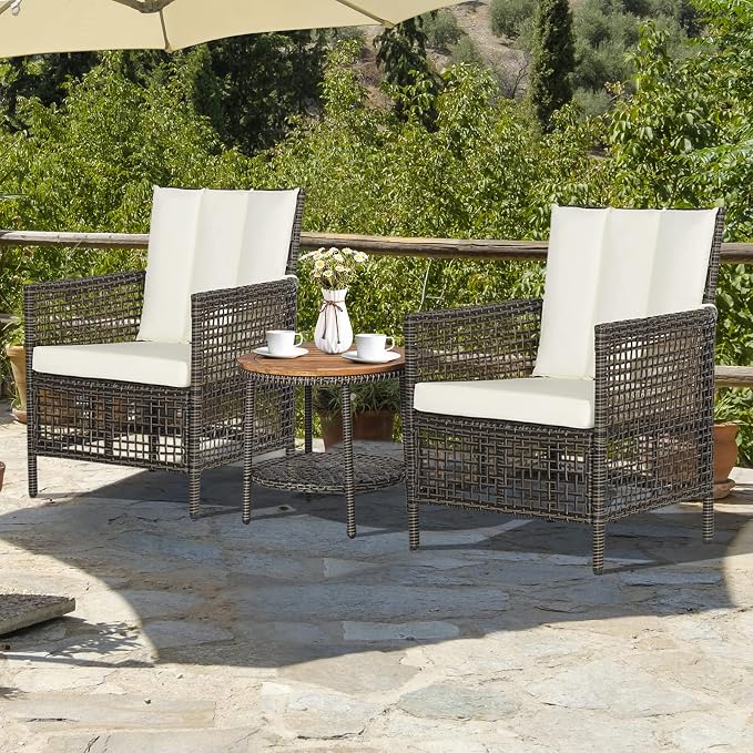 Tangkula 3 Piece Patio Conversation Set, Outdoor Rattan Chair Set W/ 2-Tier Coffee Table, Acacia Wood Tabletop, Cozy Seat & Back Cushions, Wicker Sofa Set for Backyard Poolside Front Porch (Off White)