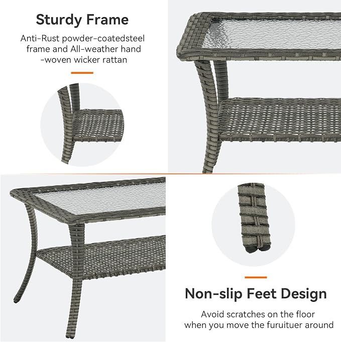 Outdoor Coffee Table - Patio Rattan Wicker Coffee Table with Tempered Glass Top and 2-Tier Storage Outdoor Table for Deck Porch Balcony Garden - Grey