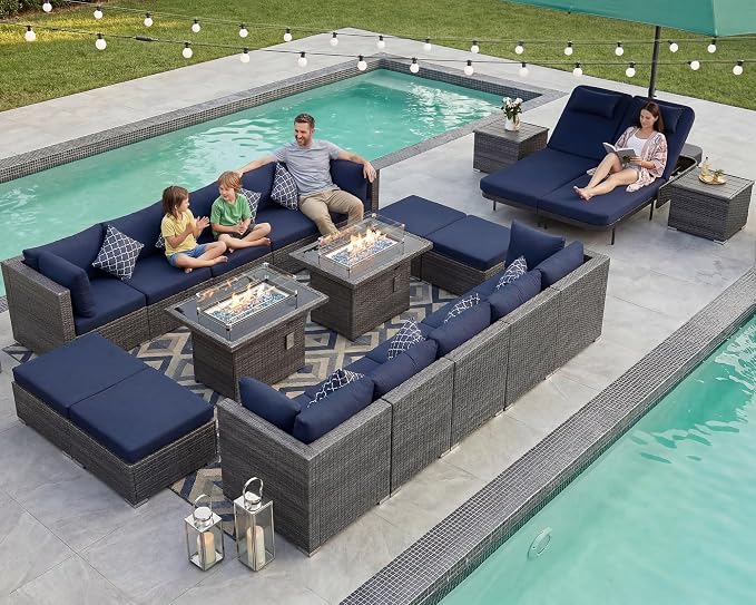 NICESOUL 20 Piece Patio Furniture Set with Fire Pit Table and Chaise, 29.3'' High Back Outdoor Wicker Couch Sets with Firepit and Lounger, 500 lbs Heavy Duty 14-Seat Outdoor Sectional, Charcoal/Navy