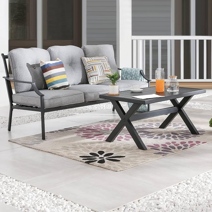 Patio Conversation Set Metal Outdoor Furniture Sets 3-Seater Sofa with Metal Coffee Table Thick Cushions (Grey)