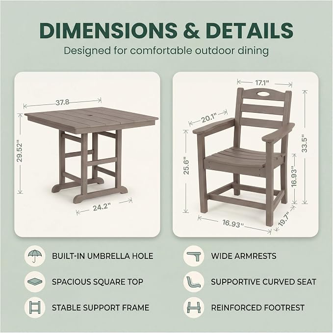 WILLIAMSPACE 37.8" Outdoor Patio Dining Set with 2 Armchairs, All Weather HDPE Square Dining Table with Umbrella Hole, Patio 3-Piece Bistro Set for Backyard, Balcony, Lawn, Kitchen (Brown)