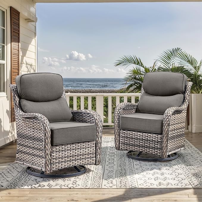 HUMMUH Outdoor Wicker Swivel Rocker Chairs, Set of 2, High Back | 6 in cushions, 360° swivel and glide motion, PE wicker, metal frame, 350 lb capacity, for porch, balcony, and deck