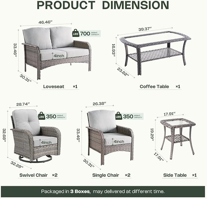 7-Piece Patio Furniture Set, Outdoor Wicker Furniture with Coffee Table, High Back Swivel Rocker Patio Chairs, Modern Rattan Outdoor Chairs Conversation Set for Porch, Balcony, Garden, Grey