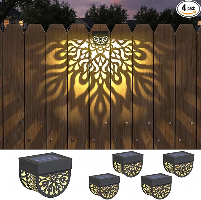 4 Pack Solar Fence Lights Outdoor Wall Lights Plastic Solar Powered Deck Step Stair Lights Mandala Theme Waterproof Fence Solar Light for Garden Post Patio Yard Decor, Gardening Gifts for Women Mom