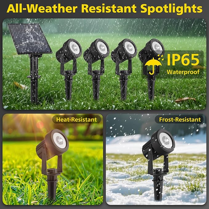 T-SUN Solar Spotlights Outdoor 4-in-1 IP65 Waterproof Solar Landscape Spotlights, Auto ON/Off Solar Lights for Garden, Yard, Driveway, Pool Area(White)