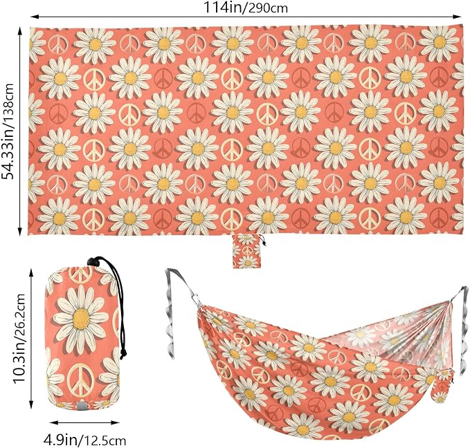 Camping Hammock Outdoor Hammocks for Outside Peace Symbol Daisy Flower Beach Trees Portable Lightweight with Pockets Tree Straps Indoor