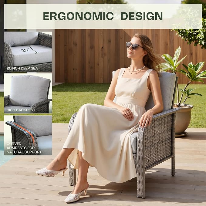 Patio Furniture Set, Outdoor Wicker Chairs of 2, Modern Rattan Outdoor Chairs Conversation Set, All Weather High Back Patio Sofa with Comfy Cushions for Porch, Balcony, Garden, Grey