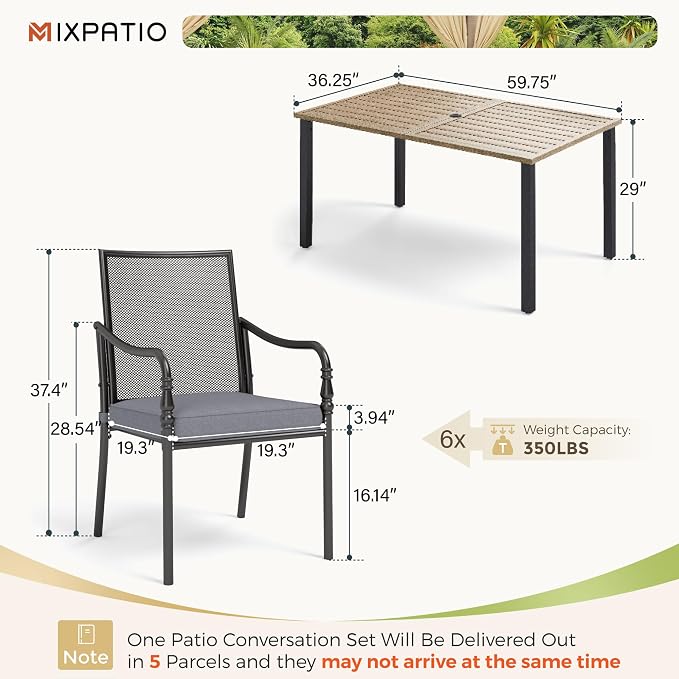 MIXPATIO 7 Pieces Outdoor Patio Dining Set for 6,Outdoor Metal Furniture Dining Set, 6 Metal Chairs with Thickened Cushions, 60" Rectangle Table for Garden Backyard with 1.57" Umbrella Hole