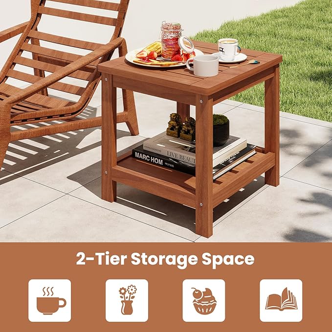 Tangkula Outdoor Side Table, 2-Tier Solid Wood Patio Table with Slatted Tabletop & Storage Shelf, Indoor Outdoor Square Small End Table for Patio, Garden, Yard, Porch, Living Room (1)