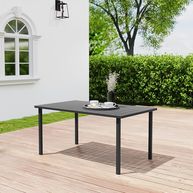 HAPPATIO Outdoor Dining Table for 6, Large Rectangular Metal Patio Table with 1.5" Umbrella Hole, Powder-Coated Frame for All-Weather, Black, Modern Style