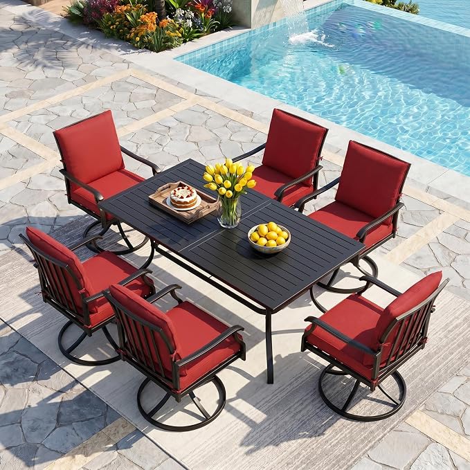 LVUYOYO 7-Piece Outdoor Patio Dining Set, Metal Swivel Chair & Rectangular Table Set, All-Weather Furniture for Backyard, Garden,Balcony,Porch (Red)