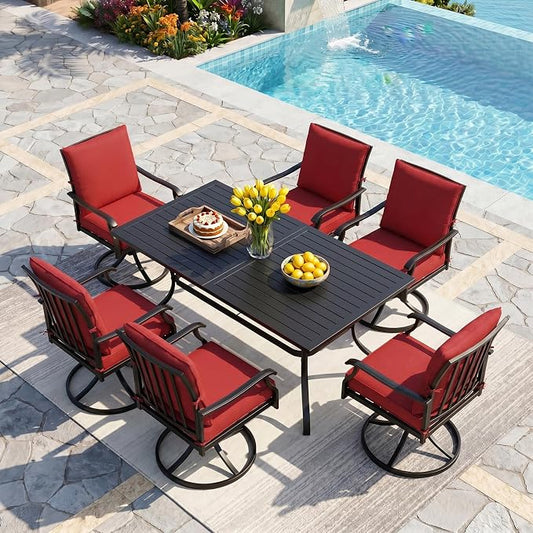 LVUYOYO 7-Piece Outdoor Patio Dining Set, Metal Swivel Chair & Rectangular Table Set, All-Weather Furniture for Backyard, Garden,Balcony,Porch (Red)