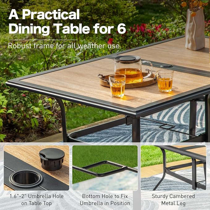 SUNSHINE VALLEY 60" Patio Dining Table for 6,Teak Color Rectangle Patio Table with Umbrella Hole,E-Coating and Powder Coating Steel Frame Metal Outdoor Patio Table for Garden Backyard Lawn Yard