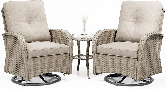 Joyside Outdoor Swivel Rocker Chairs, 3 Piece Wicker Patio Set with Thickened Cushions, High Back, Deep Seating, Wide Armrest, Outdoor Swivel Chairs for Porch, Deck
